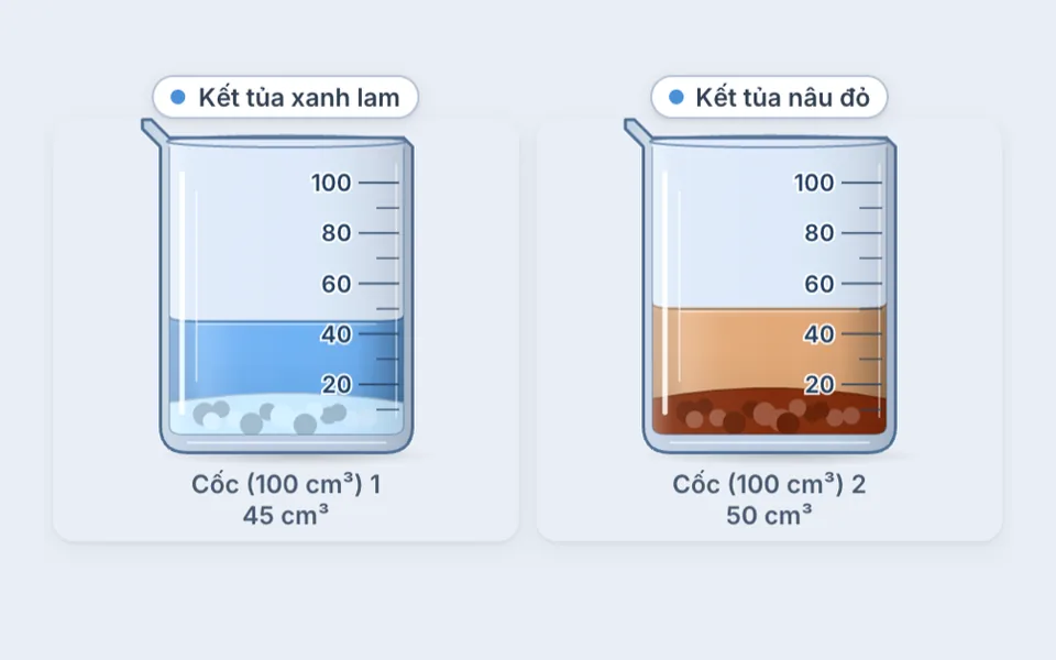 Hai cốc trong Chemistry Lab: CuSO₄ với NaOH cho kết tủa xanh lam, FeCl₃ với NaOH cho kết tủa nâu đỏ.